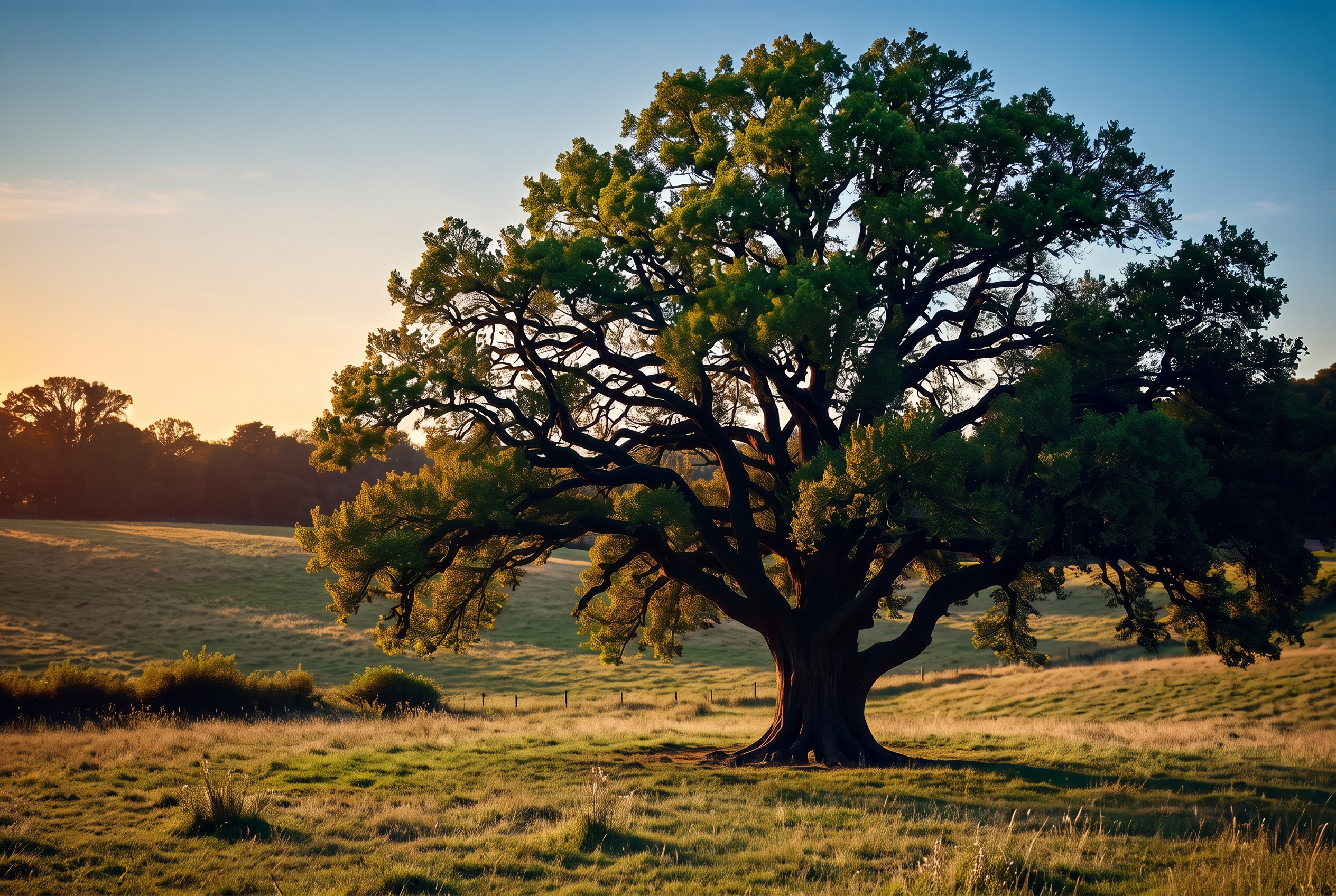 Mature oak tree in a rolling Virginia field at golden hour